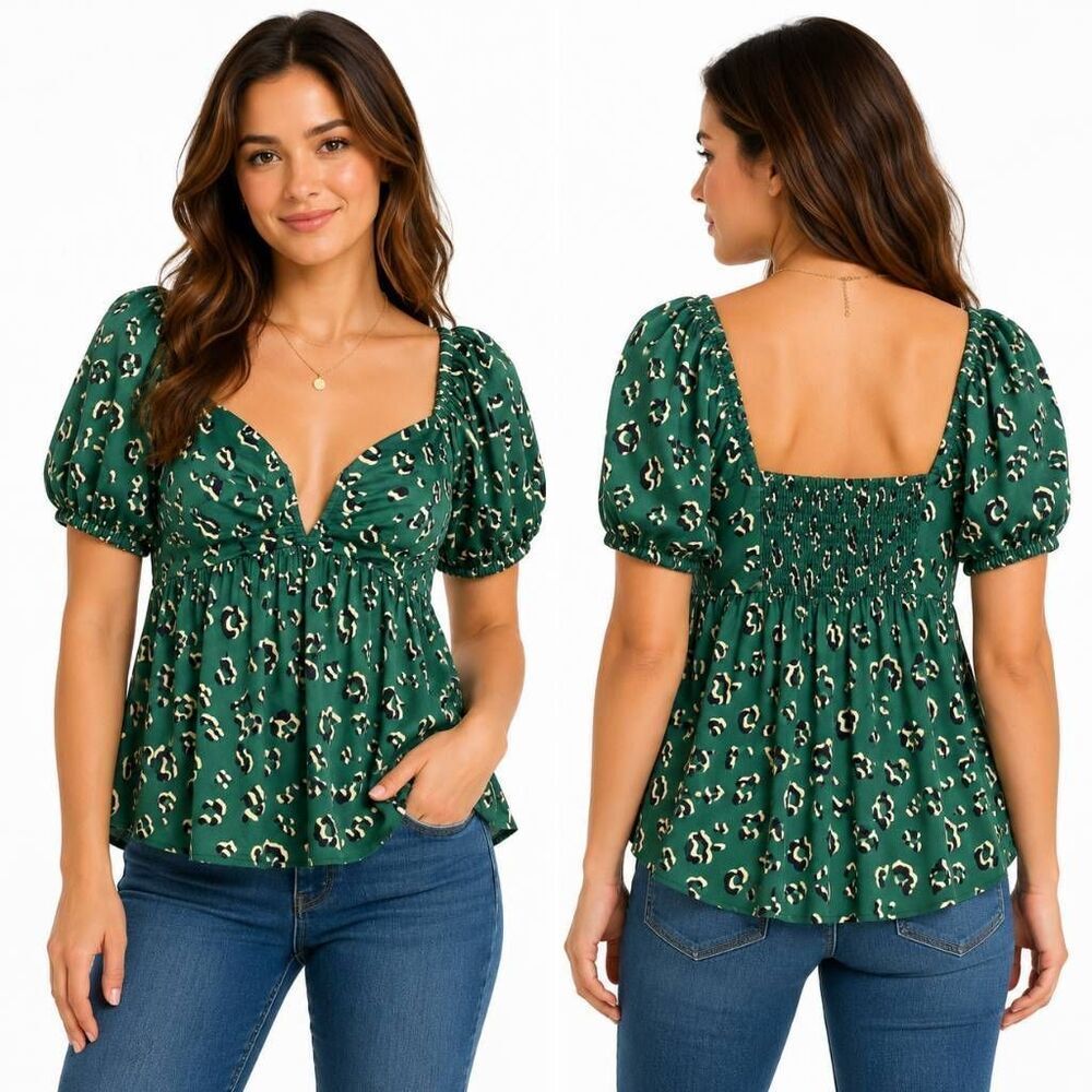 Entro Green Leopard Babydoll Top Small NWT